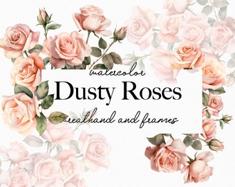 Boho dusty pink roses frame clipart, Watercolor floral borders png, Wedding clipart with pink dusty roses, Wedding invitations