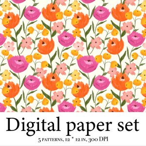 K&ouml;nnte beinhalten: Ein nahtloses Muster-Digitalpapier-Set mit 5 Mustern, jedes 30,5 cm x 30,5 cm, bei 300 DPI. Das Muster zeigt einen wei&szlig;en Hintergrund mit rosa, orangefarbenen und gelben Blumen.