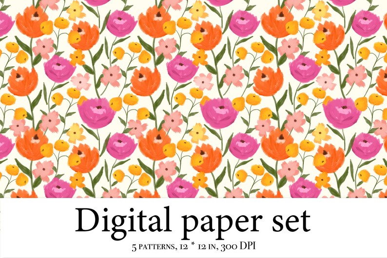 K&ouml;nnte beinhalten: Ein nahtloses Muster-Digitalpapier-Set mit 5 Mustern, jedes 30,5 cm x 30,5 cm, bei 300 DPI. Das Muster zeigt einen wei&szlig;en Hintergrund mit rosa, orangefarbenen und gelben Blumen.