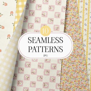Puede incluir: Una colección de diez patrones sin costuras en formato JPG. Los patrones presentan diseños florales y de cuadros vichy en colores pastel, incluyendo rosa, amarillo y crema. La imagen incluye el texto "10 SEAMLESS PATTERNS JPG".