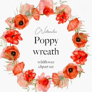 Clipart couronne de fleurs, clipart été couronne, aquarelle coquelicot, bordure branches fleurs cadre mariage PNG 003