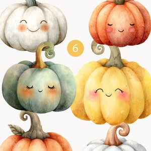 May include: Watercolor illustration of six smiling pumpkins in various colors: white, orange, yellow, and teal. Each pumpkin has a cute face and a curly stem. The text "Cute Pumpkins" is at the top.