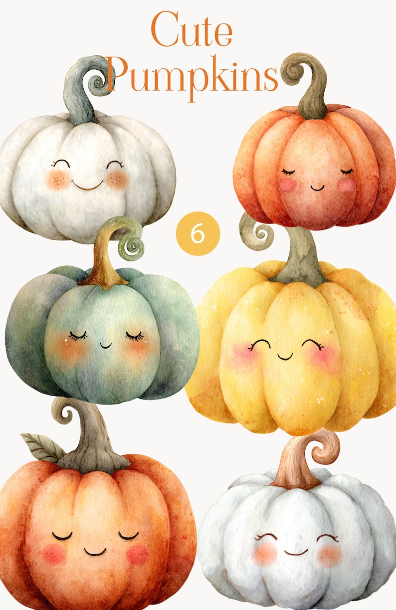 May include: Watercolor illustration of six smiling pumpkins in various colors: white, orange, yellow, and teal. Each pumpkin has a cute face and a curly stem. The text "Cute Pumpkins" is at the top.