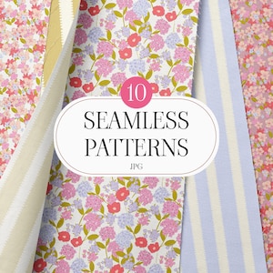 Könnte beinhalten: Darstellung von zehn nahtlosen Mustern mit floralen Designs in Rosa, Rot und Lila. Die Abbildung zeigt Stoffmuster mit Blumen und Streifen. Der Text "10 SEAMLESS PATTERNS JPG" ist ebenfalls zu sehen.
