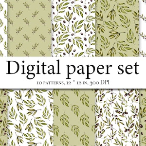 Olivenzweige Aquarellpapier - Grüne Blätter digitales Papier - Aquarell Musterdesign - Grüne Blätter Scrapbook Papier