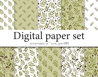 Olive branches watercolor digital paper - Green leaves digital paper - Watercolor seamless pattern - Green leaves scrapbook paper