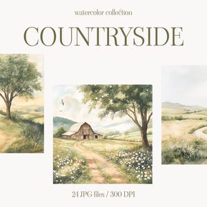 Op de afbeelding: Waterverfcollectie met de titel "COUNTRYSIDE" met drie scènes: een boerderij met een rode schuur, een veld met een kronkelend pad en een boom in een veld. De collectie bevat 24 JPG-bestanden met 300 DPI.