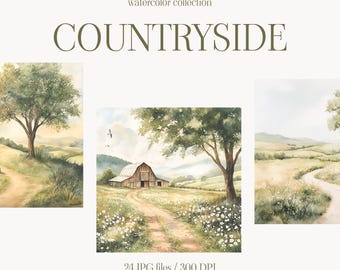 Rustic Countryside Watercolor Clipart Set – Vintage Farmhouse Landscape PNGs - Spring Scenery Clipart - Spring Floral Field Clipart
