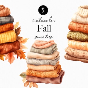 Puede incluir: Cinco ilustraciones de acuarela de suéteres de otoño apilados en varios colores y patrones. El texto "5 watercolor Fall sweaters" está escrito en negro sobre los suéteres.