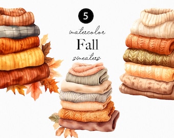 Watercolor Fall Clipart - Fall Sweaters - Watercolor Autumn clipart png - Stack of sweaters - Autumn cozy scene