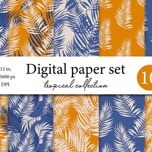 Bright Tropical Digital Paper Pack - Tropic Seamless Pattern with Leaves - Palm Greenery - Abstract Tropical Leaf - Exotic Digital Paper