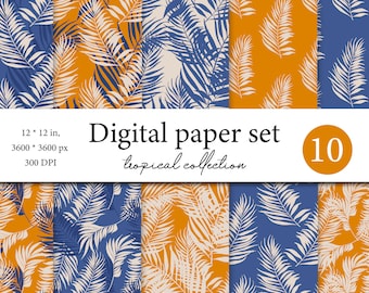 Bright Tropical Digital Paper Pack - Tropic Seamless Pattern with Leaves - Palm Greenery - Abstract Tropical Leaf - Exotic Digital Paper