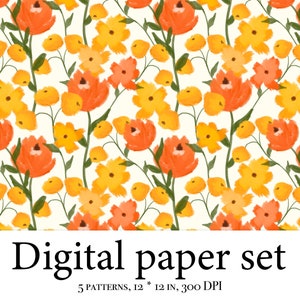 K&ouml;nnte beinhalten: Ein digitales Papierset mit 5 Mustern, die ein nahtloses Blumenmuster mit orangefarbenen und gelben Blumen auf wei&szlig;em Hintergrund zeigen. Die Muster sind 30,5 cm x 30,5 cm gro&szlig; und haben 300 DPI.