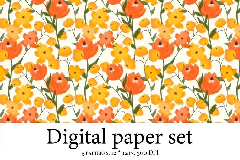 K&ouml;nnte beinhalten: Ein digitales Papierset mit 5 Mustern, die ein nahtloses Blumenmuster mit orangefarbenen und gelben Blumen auf wei&szlig;em Hintergrund zeigen. Die Muster sind 30,5 cm x 30,5 cm gro&szlig; und haben 300 DPI.
