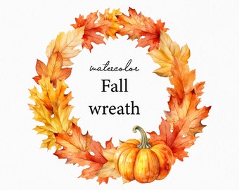 Corona de hojas de otoño en acuarela - Lindo clipart de otoño para tarjeta de Acción de Gracias - Clipart de otoño - Marcos florales de otoño - Clipart de otoño en acuarela