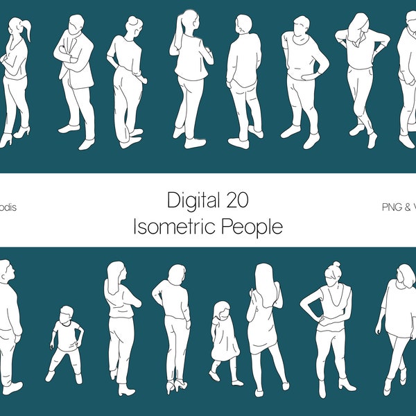 Isometric People. Flat Vector People silhouette, digital file of 20 silhouettes.  EPS, Ai, SVG, PNG