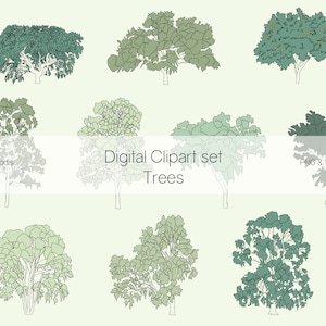 Puede incluir: Un conjunto de clipart digital de nueve árboles en varios tonos de verde. Los árboles están delineados en negro y tienen un estilo dibujado a mano. El texto "Digital Clipart set Trees" está en la parte inferior de la imagen.