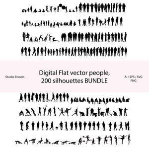 Könnte beinhalten: Eine Sammlung von 200 schwarzen Silhouetten von Menschen in verschiedenen Posen und Aktivitäten, angeordnet in Reihen. Der Text lautet: Digital Flat vector people, 200 silhouettes BUNDLE, Studio Einodis, AI / EPS / SVG PNG. Dies sind digitale Grafik-Assets.