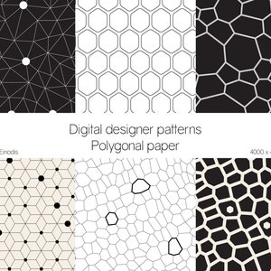 May include: A collection of digital designer patterns with polygonal designs. The patterns include geometric shapes such as hexagons, triangles, and irregular shapes, in black and white. The text "Digital designer patterns" and "Polygonal paper" is displayed.