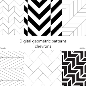 May include: A collection of six black and white digital geometric chevron patterns. The image includes the text Digital geometric patterns chevrons, Studio Einodis, and 4000 x 4000 px. The designs feature various line weights and arrangements.