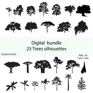 May include: A digital bundle of 25 tree silhouettes in black. The image includes various tree types, from tall pines to broad-leafed trees. Text on the image reads "Digital bundle 25 Trees silhouettes" and "Studio Einodis". Formats include PNG, AI, EPS, and SVG.