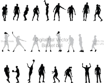 Flat vector basket ball silhouettes. Digital files of 25 silhouettes. EPS, Ai, SVG, PNG