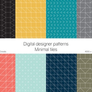 Pode incluir: Oito padrões de design digital com um design geométrico. Os padrões são em preto, amarelo, azul-petróleo, cinza, coral, azul claro, azul escuro e verde oliva. Os padrões são de 4000 x 4000 pixels. O texto "Digital designer patterns Minimal tiles" está no centro da imagem. O texto "Studio Einodis" está no canto inferior esquerdo da imagem. O texto "4000 x 4000 px" está no canto inferior direito da imagem.