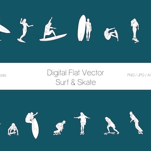 Flat vector people figures. Digital files of 15 Sport characters, Surf & Skate. EPS, AI, SVG, Png, Jpeg