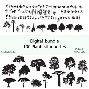 May include: A digital bundle of 100 plant silhouettes in black. The image includes various tree and plant shapes, with the text "Digital bundle 100 Plants silhouettes" and "Studio Einodis". Formats include PNG, AI, and EPS/SVG.