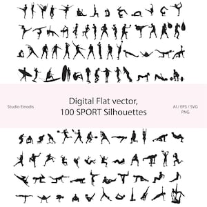 以下が含まれることがあります： 100種類の黒いスポーツシルエットのデジタルフラットベクターイラスト。ヨガ、サーフィン、ウェイトリフティングなどのポーズが含まれています。「Digital Flat vector, 100 SPORT Silhouettes」のテキスト。フィットネス関連のデザインに最適です。