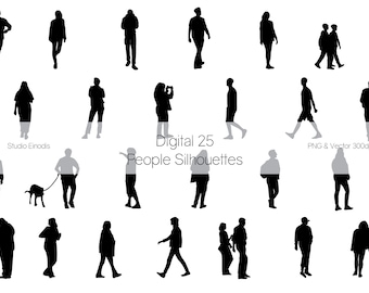 Flat vector people silhouettes. Digital files of 25 silhouettes. EPS, Ai, SVG, PNG