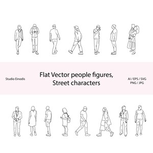 May include: A series of black and white line drawings depicting people in different poses, such as walking and standing. The text "Flat Vector people figures, Street characters" is displayed on a pink banner.