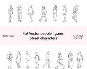 May include: A collection of black and white line art illustrations of people in various poses, including walking, standing, and interacting. The text "Flat Vector people figures, Street characters" is displayed on a pink banner.