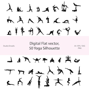 May include: A collection of 50 black yoga silhouette poses in various positions. The image includes text that reads "Digital Flat vector, 50 Yoga Silhouette" and "Studio Einodis". The image is a vector graphic.