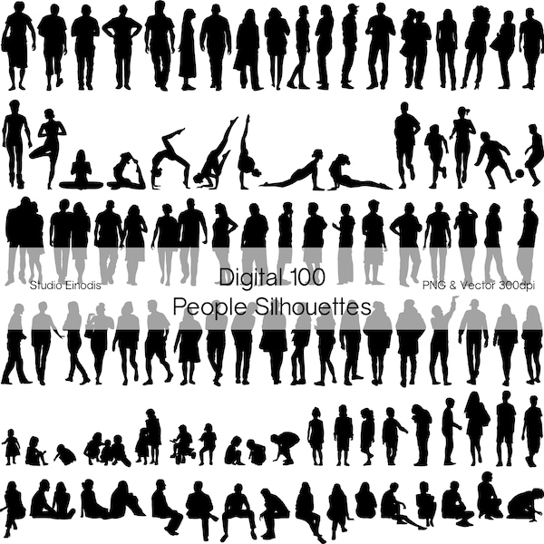 Flache Vektor Menschen Silhouetten. Digitale Dateien von 100 Silhouetten. EPS, Ai, SVG, PNG