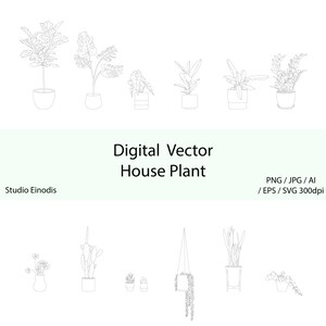May include: A digital vector illustration of various house plants in pots. The image includes a variety of plant types, such as ferns, cacti, and hanging plants. The text "Digital Vector House Plant" is displayed in the center of the image.