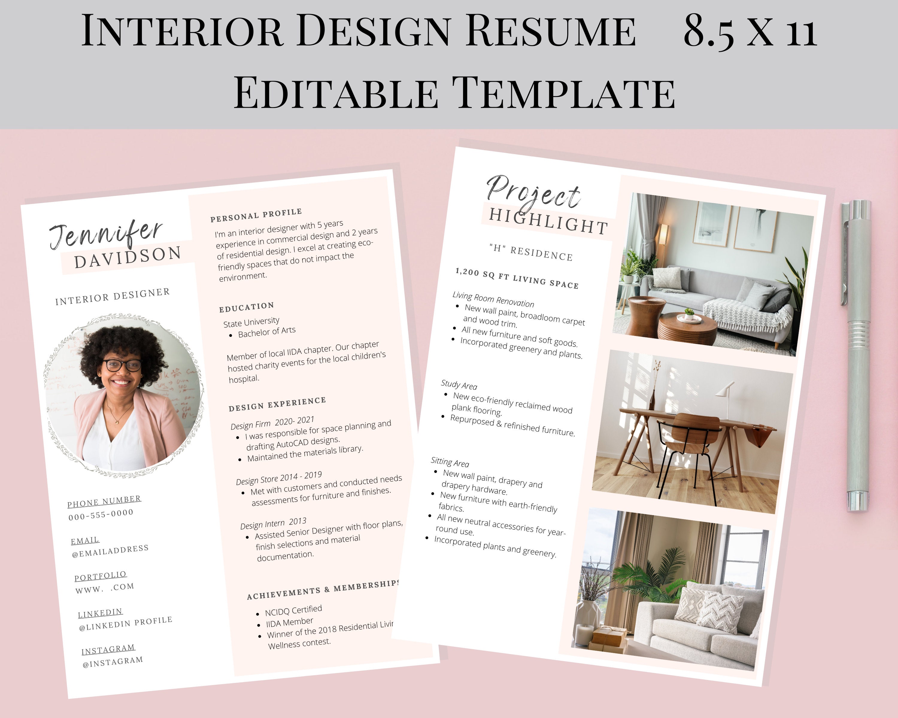 Editable Interior Design Resume & Portfolio Template - Etsy