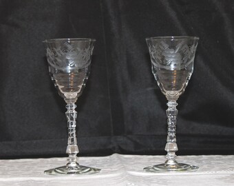 Etched Crystal Water Goblets / Wine Glasses – Wheat Stalk Motif & Geometric Ring Stem Vintage Elegance