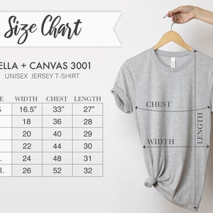 Op de afbeelding: Maattabel voor Bella + Canvas 3001 unisex jersey t-shirts. De tabel toont de afmetingen in inches voor breedte, borst en lengte voor de maten XS, S, M, L, XL en 2XL.