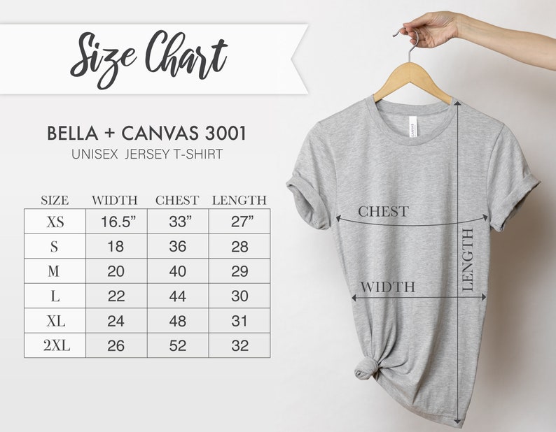 Op de afbeelding: Maattabel voor Bella + Canvas 3001 unisex jersey t-shirts. De tabel toont de afmetingen in inches voor breedte, borst en lengte voor de maten XS, S, M, L, XL en 2XL.