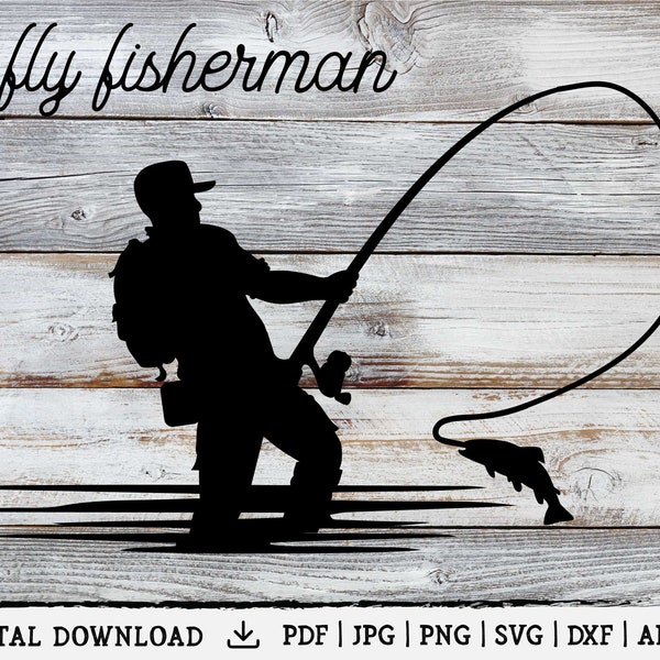 Fly Fishing Fisherman Clipart Silhouette Design, SVG, DXF, Vector, Illustration, Digital Download, Silhouette Cameo Vinyl or Metal Cut File