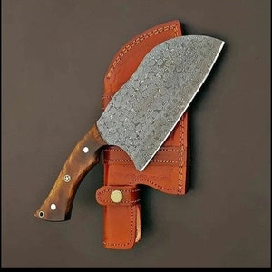 Serbian Full Tang Chef Cleaver Chopper Handmade Damascus Chef Kitchen Knife, Handle Rose Wood  and Leather Sheath /Gift Outdoor FRENDS