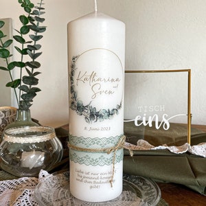 Wedding candle with eucalyptus tendril very classy and tasteful, green, olive, with lace and jute cord, decorated with gold wax