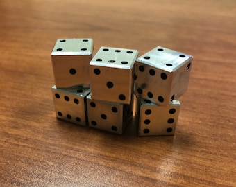 6 CNC Machined Aluminum Dice With Black Painted Dots. Made in the USA. Set of 6. Six-Sided 1/2 inch Aluminum Dice Painted.