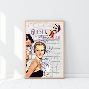 Unframed Vintage Pop Art Guest Check Wall Art For Bar, Bedroom, Kitchen, Dorm Room Pink Preppy Wall Art, Photo Collage
