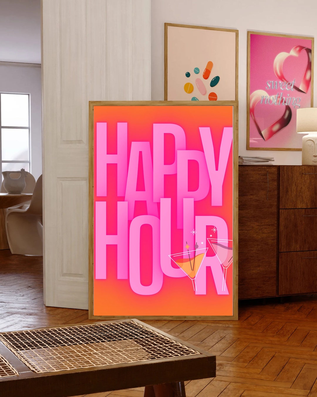 Pink Preppy Neon Happy Hour Bar Cart Wall Art Preppy Room Etsy