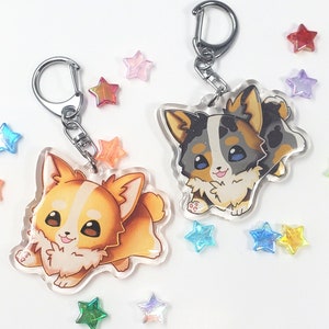 Corgi Clear Acrylic Dog Breed Keychain | Cartoon Art Style Double-Sided Epoxy Charm with Glitter | Kawaii Cute Puppy Lover Gift