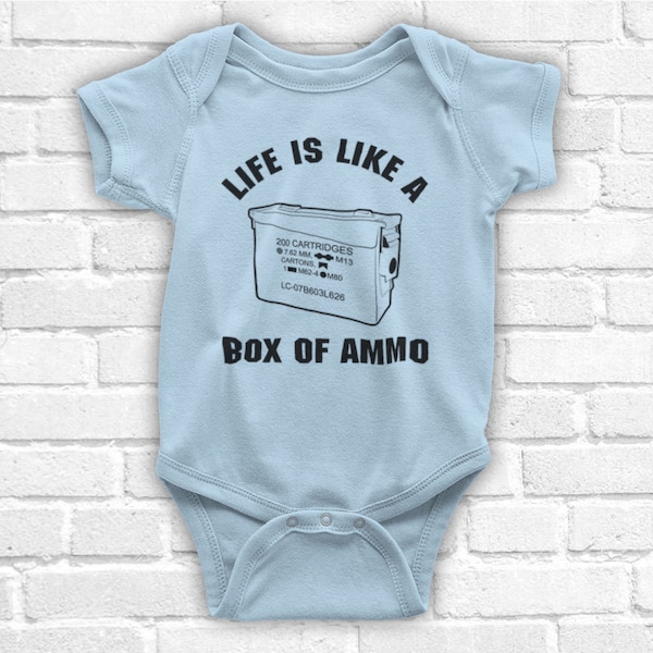 Nukem Life Is Like A Box Of Ammo Funny Video Game Quote Baby Grow Baby One Piece Bodysuit