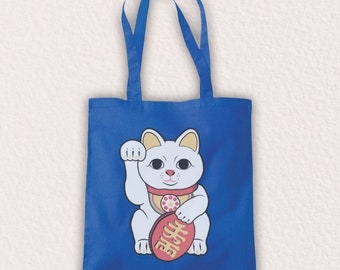 Maneki Neko Lucky Cat Iconic Japanese Cat Figurine Unofficial Cotton Tote Bag Shopper Choisissez parmi 10 options de couleur