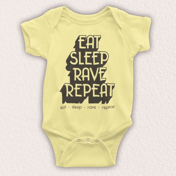 Eat Sleep Rave Repeat Dance Music Retro Slogan Unofficial Baby Grow Choose From 9 Colour Options